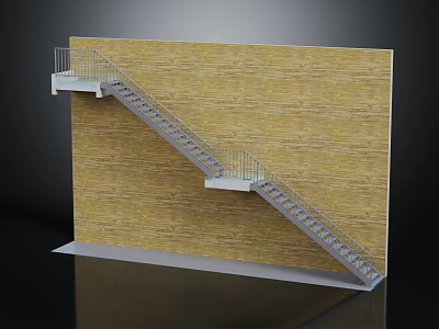 Modern Metal Staircase With Railings And Landing Against Yellow Brick Wall 3d model