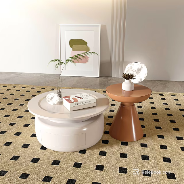 Modern White Round Coffee Table With Books Plant And Conical Brown Table On Patterned Rug 3d model