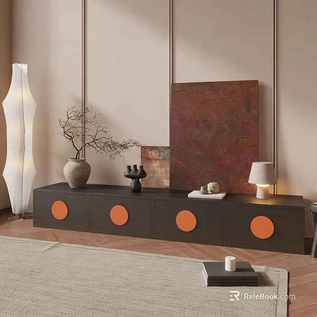 Dark Wood TV Stand With Orange Circular Accents And Vase Lamp Artwork Against Beige Wall 3d model 