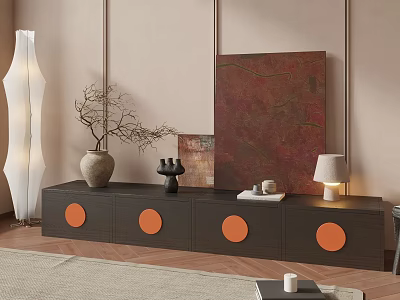 Dark Wood TV Stand With Orange Circular Accents And Vase Lamp Artwork Against Beige Wall 3d model