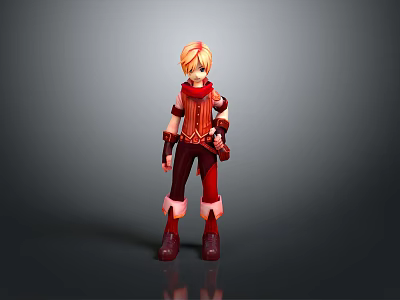 3D Cartoon Character Model With Blonde Hair Red Scarf Top Pants And Boots 3d model