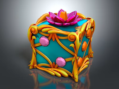 Ornate Decorative Cube With Blue Body Yellow Patterns Pink Lotus And Colorful Accents 3d model