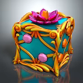 Ornate Decorative Cube With Blue Body Yellow Patterns Pink Lotus And Colorful Accents