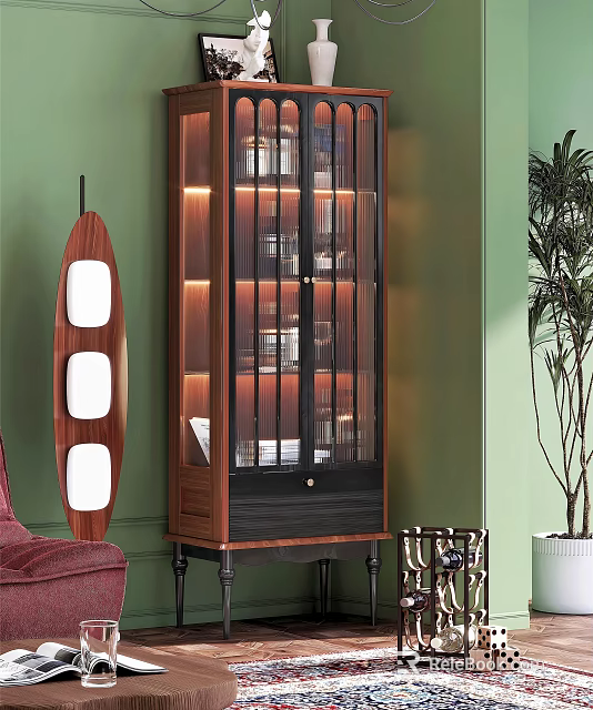 Modern Interior Wine Cabinet Design With Glass Doors Built in Lighting Green Wall And Plant 3d model 