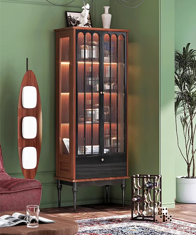 Modern Interior Wine Cabinet Design With Glass Doors Built in Lighting Green Wall And Plant 3d model