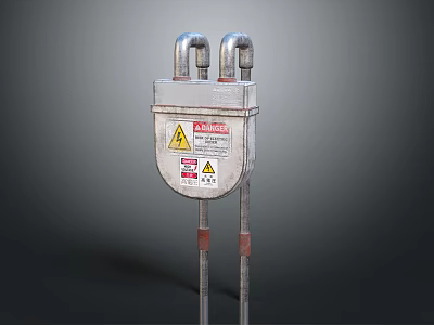 Silver Cased Industrial Equipment With Warning Labels And Curved Pipes 3d model