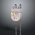 Silver Cased Industrial Equipment With Warning Labels And Curved Pipes