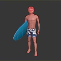Shirtless Male Standing Barefoot Holding Blue Surfboard Wearing Floral Blue White Shorts