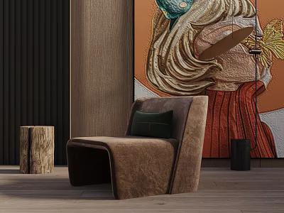 Brown Velvet Accent Chair In Modern Interior With Wooden Stool And Colorful Abstract Painting 3d model