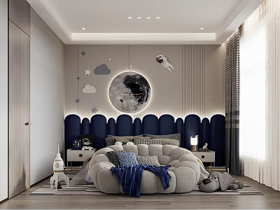 Modern Kids Bedroom With Moon Astronaut Decor And Plush Bed 3d model