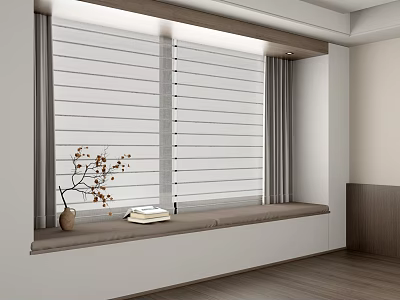 Modern Interior Window Seat with Venetian Blinds Curtains Vase and Books 3d model