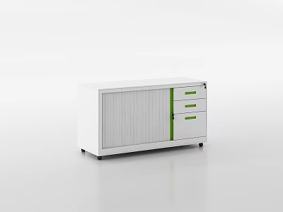 White Bookcase with Green Handles Drawers and Vertical Stripe Cabinet Doors on Wheels 3d model
