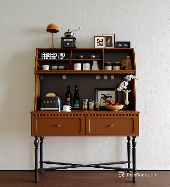 Vintage Wooden Brown Sideboard With Drawers Shelves Cups Bottles And Photo Frames 3d model 