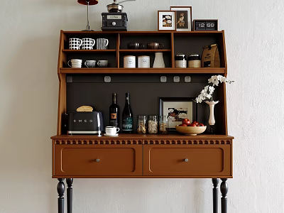 Vintage Wooden Brown Sideboard With Drawers Shelves Cups Bottles And Photo Frames 3d model