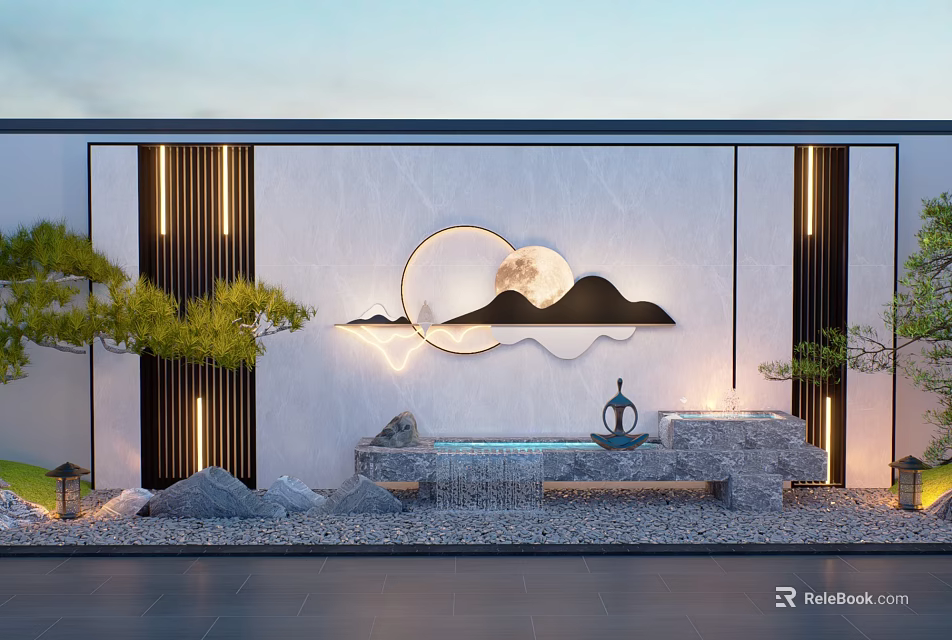 Modern Scenic Wall with White Surface Black Lines Circular Moon Mountain Water and Stone Decor 3d model 