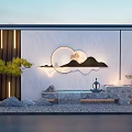 Modern Scenic Wall with White Surface Black Lines Circular Moon Mountain Water and Stone Decor