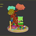 Enchanted Miniature Scene with Tree Small Hut Mushrooms and Flowers on Green Circular Base
