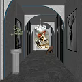 Modern Hotel Corridor With Blue Neon Lights Artwork And Glossy Marble Floor