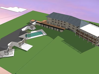 Modern Hotel Building Architectural Design With Swimming Pool And Green Lawn 3d model
