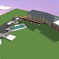 Modern Hotel Building Architectural Design With Swimming Pool And Green Lawn