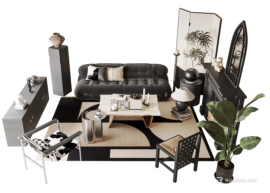 Modern Sofa with Throw Pillows and Coffee Table Set Geometric Rug Green Plants Decorative Items 3d model 