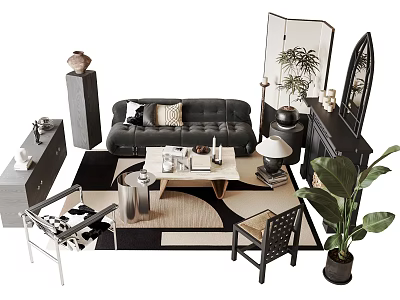 Modern Sofa with Throw Pillows and Coffee Table Set Geometric Rug Green Plants Decorative Items 3d model