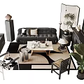 Modern Sofa with Throw Pillows and Coffee Table Set Geometric Rug Green Plants Decorative Items