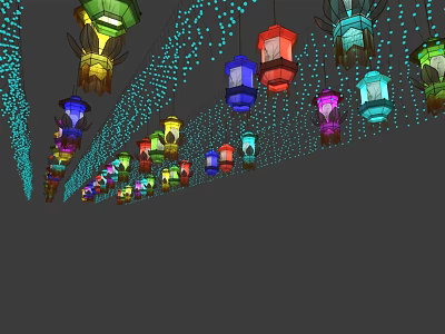 Vibrant Hanging Lanterns Display With Diverse Colors Shapes And String Lights 3d model