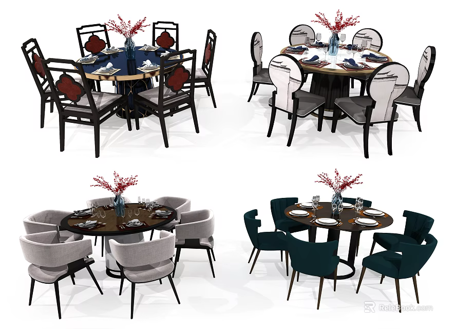 Round Dining Table Set With Multi Colored Chairs Vase And Tableware For Home Dining 3d model
