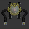 Yellow Robot With Transparent Dome Head And Mechanical Arms On Tracked Base