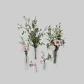 Elegant Decorative Ornament Arrangement With Transparent Glass Vases Pink Flowers And Green Leaves