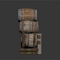 Vintage Stacked Wooden Barrels On Wooden Rack For Household Storage Use