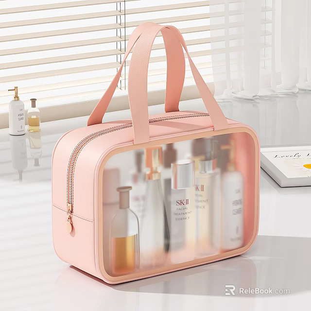 Pink Transparent Cosmetic Bag With Skincare Bottles And Toiletries Zipper Closure And Handle Design 3d model 