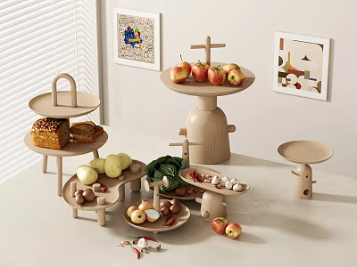 Minimalist Wooden Decorative Ornament Combination With Multi Tiered Stands Fruits Bread And Vegetables 3d model