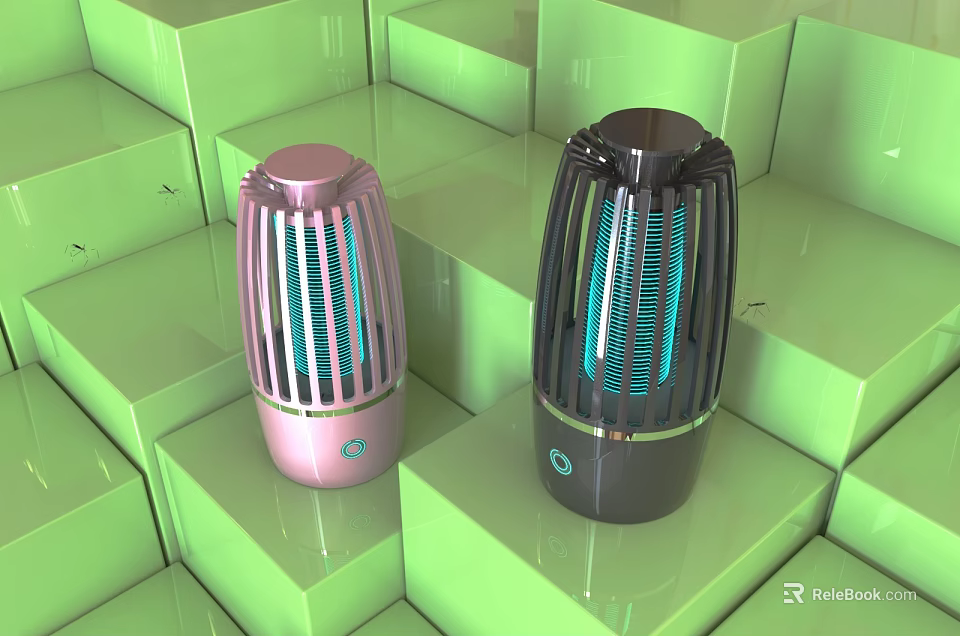 Pink And Black Air Purifiers With Blue Light Display On Green Cubic Background 3d model 
