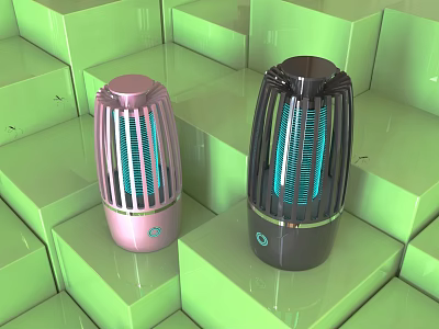 Pink And Black Air Purifiers With Blue Light Display On Green Cubic Background 3d model