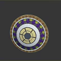 Decorative Round Shield Weapon Featuring Gold Purple Yellow Floral Patterns Ornate Border And Central Design