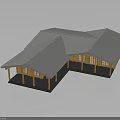 Modern Architectural Structure Featuring Geometric Sloped Metal Roofs And Wooden Columns Design