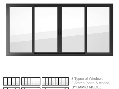 Black Frame Casement Window with Three Types and Dynamic Open Closed States 3d model