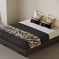 Double Bed with Dark Brown Frame White Mattress Patterned Throw Blanket and Black Beige Pillows