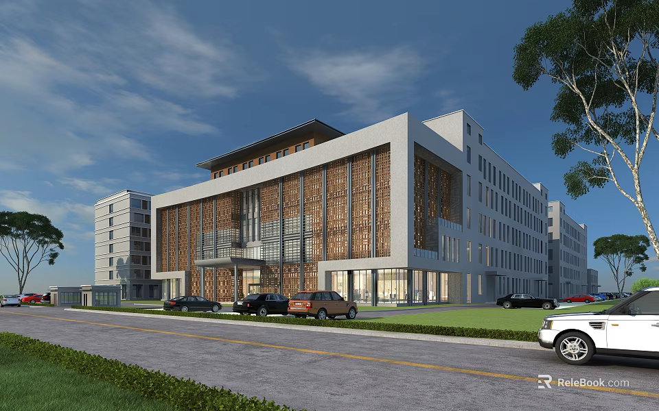 Modern Office Building Exterior Featuring Glass Curtain Wall Wooden Decor And Parking Lot With Cars 3d model 