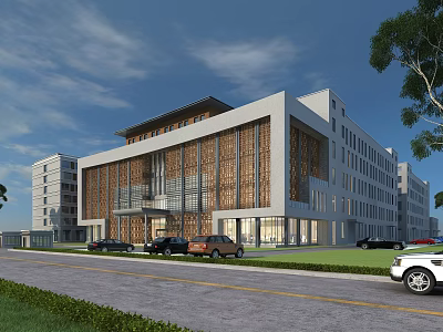 Modern Office Building Exterior Featuring Glass Curtain Wall Wooden Decor And Parking Lot With Cars 3d model