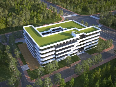 Aerial Planning of Modern Multi Storey Building With Green Roof Surrounding Trees and Roads 3d model