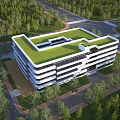 Aerial Planning of Modern Multi Storey Building With Green Roof Surrounding Trees and Roads