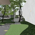 Modern Landscape Garden With Curved Pathway Greenery Trees Rocks And Modern Building Design
