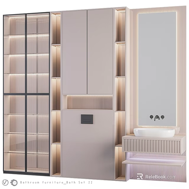 Modern Elegant Washbasin Vanity Design With Striped Cabinets Mirror And Warm Lighting 3d model 
