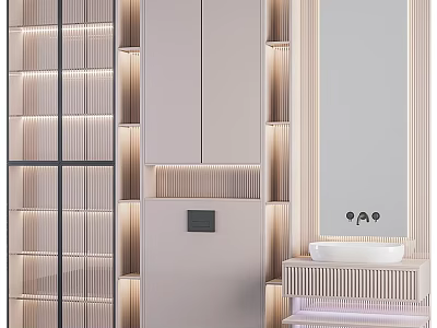 Modern Elegant Washbasin Vanity Design With Striped Cabinets Mirror And Warm Lighting 3d model