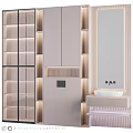 Modern Elegant Washbasin Vanity Design With Striped Cabinets Mirror And Warm Lighting