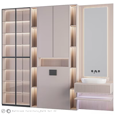 Modern Elegant Washbasin Vanity Design With Striped Cabinets Mirror And Warm Lighting 3d model