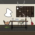 Modern Home Office Interior With Wooden Desk Laptop White Chair Decorative Shelves And Mirror